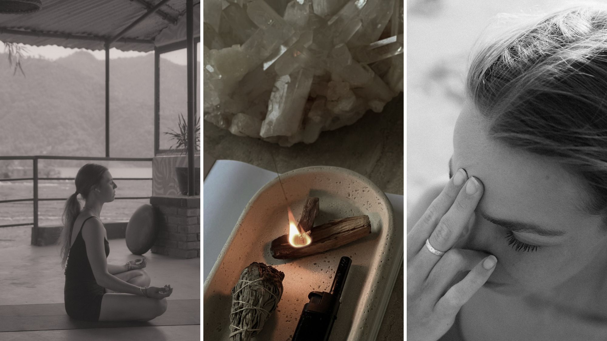 A woman meditating, practicing yoga and using sage in her home
