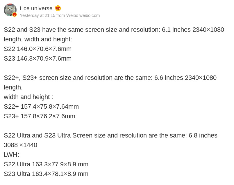 Supposed dimensions and display resolutions of the Galaxy S23 series