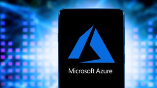 A smartphone held in front of an abstract blue digital background, with the Microsoft Azure logo displayed on screen