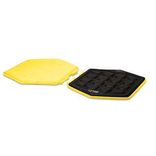 Two black and yellow hexagon-shaped sliders by SKLZ