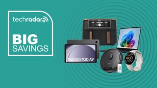 Collage of tech from the Amazon January sale including Ninja air fryer, Samsung tablet, Microsoft Surface, Pixel watch and Eufy robot vacuum