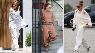 Split image of Jennifer lopez wearing grey, brown, and white sweatpants from les tien