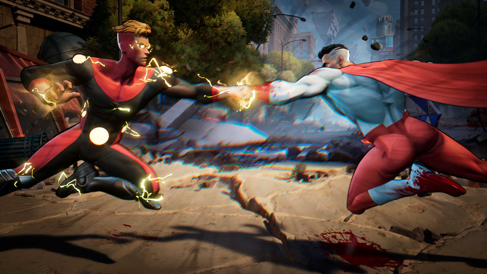 Invincible and Omni-Man clash in the streets in Invincible VS