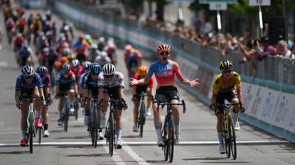 Who will take the top step of the podium at the Giro d'Italia Women 2024. Chiara Consonni of Italy and UAE Team ADQ celebrates stage win during the 34th Giro d'Italia Donne 2023, Stage 9