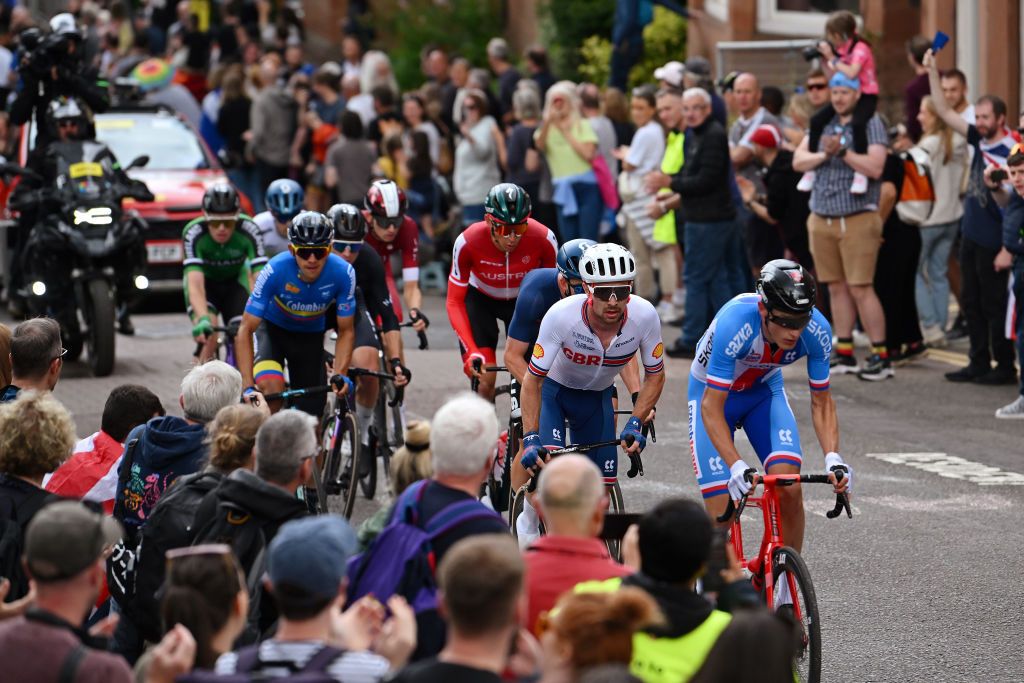 GLASGOW SCOTLAND AUGUST 06 Owain Doull of Great Britain competes in the breakaway during the 96th UCI Cycling World Championships Glasgow 2023 Men Elite Road Race a 2711km one day race from Edinburgh to Glasgow UCIWT on August 06 2023 in Glasgow Scotland Photo by Dario BelingheriGetty Images