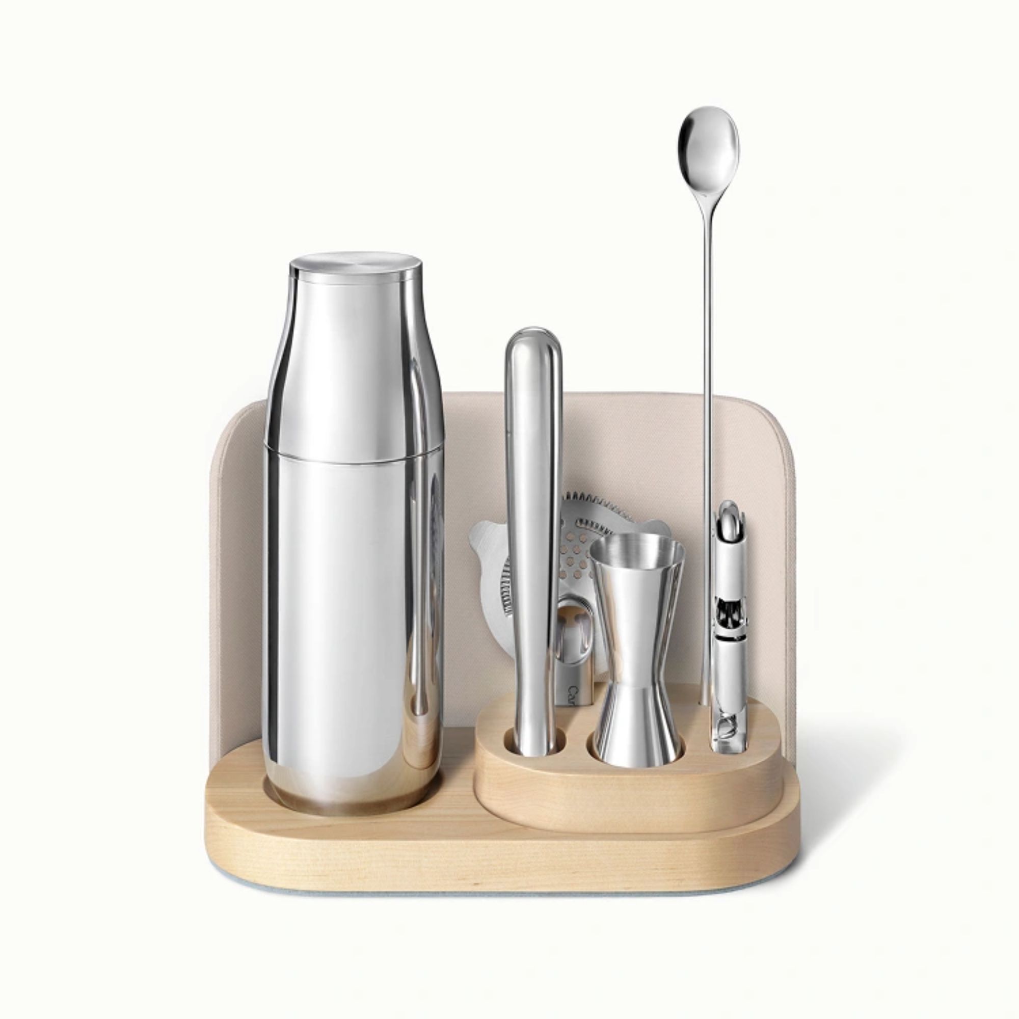 9-piece steel bar tool set with birch wood base