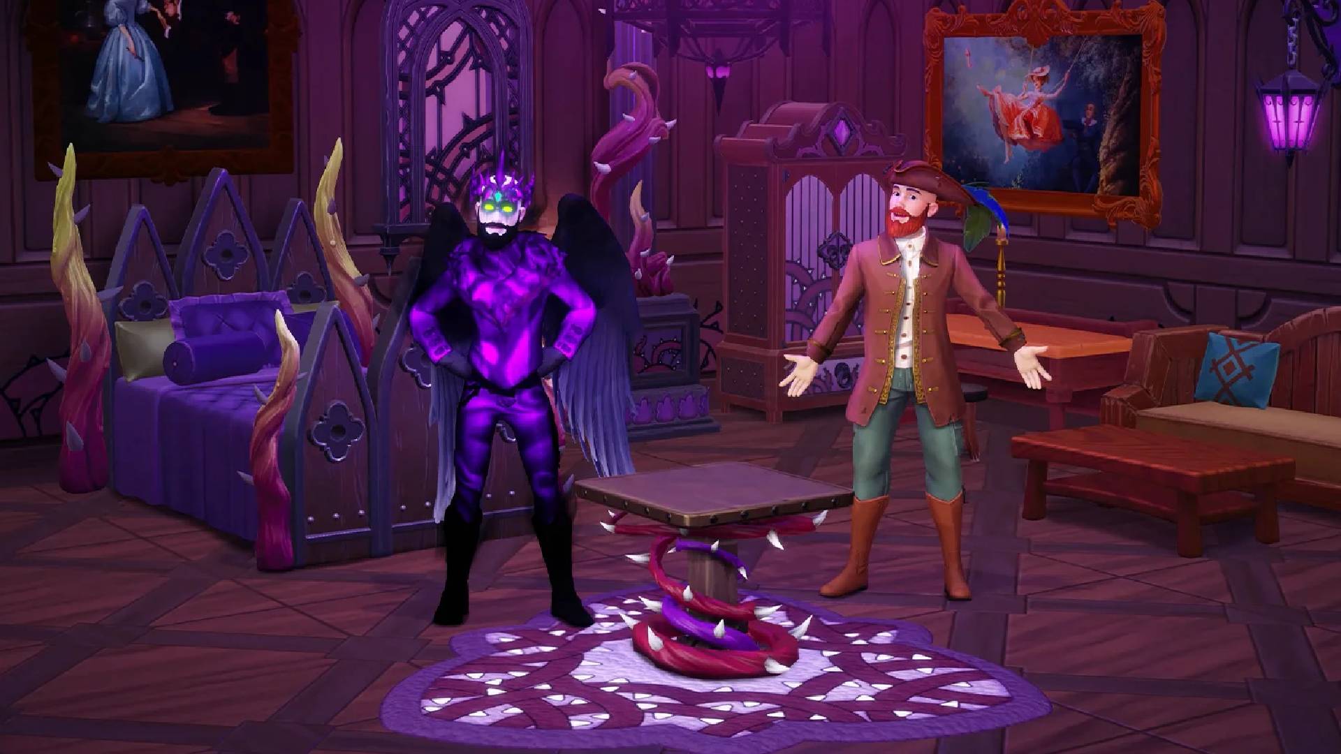 Player and the forgotten inside a house decorated with night thorn furniture in Disney Dreamlight Valley