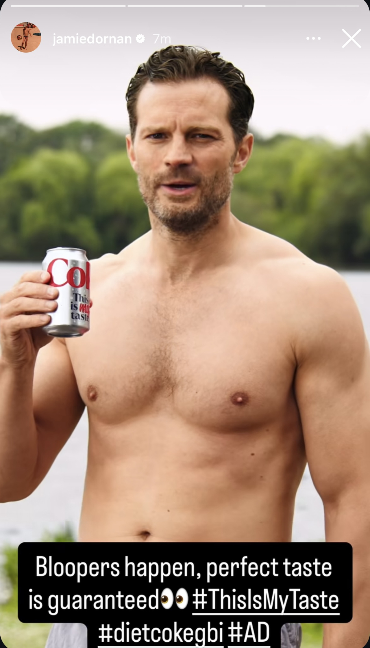 Jamie Dornan looking at the camera holding a Diet Coke can in his commercial found on his Instagram Stories.