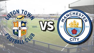 The Luton Town and Manchester City club badges on top of a photo of Kenilworth Road stadium in Luton, England