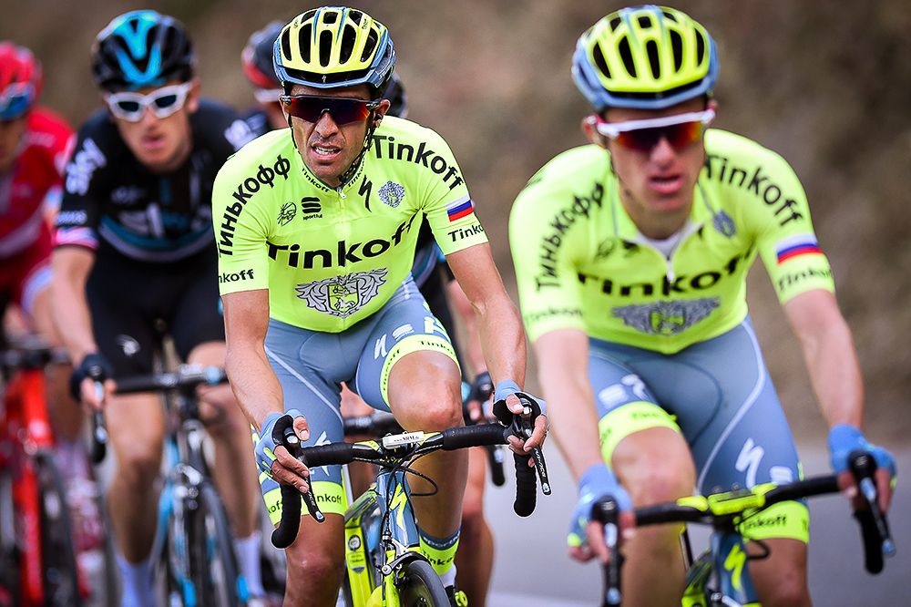 Rafal Majka leads teammare Alberto Contador near the end of stage 6 at Paris-Nice.