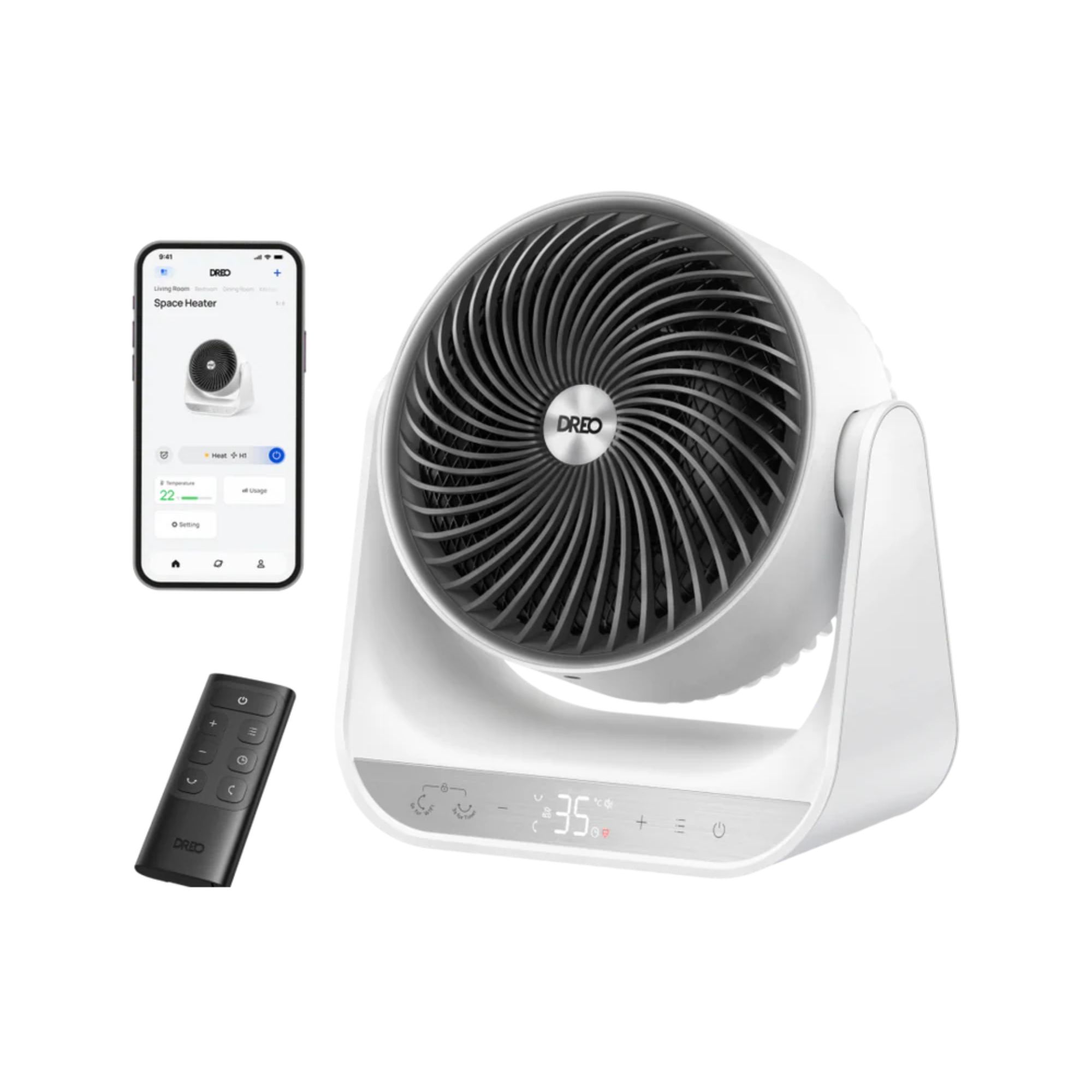 Dreo Smart Whole Room Heater 714S with remote control and app next to it