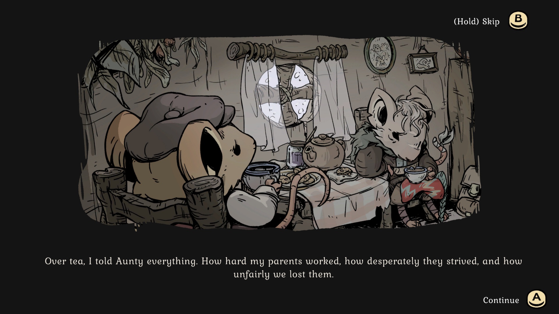 Winter Burrow screenshot showing artwork of the mouse meeting Aunty, who they tell everything over tea