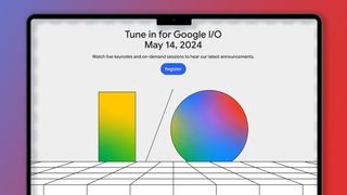 A laptop on a red and blue background showing the Google I/O 2024 homepage