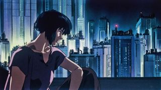 Motoko in Ghost in the Shell looking out a window towards a city at night.