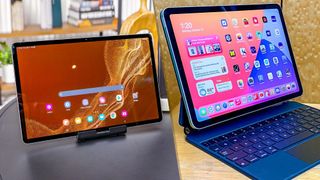 Samsung Galaxy Tab S8 vs iPad Air 4 comp image showing the two facing off