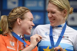 Anna Van der Breggen and Ellen Van Dijk on the podium at the European Championships