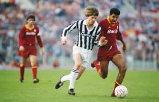 Roma's Toninho Cerezo (right) competes for the ball with Juventus' Michael Laudrup circa 1986.