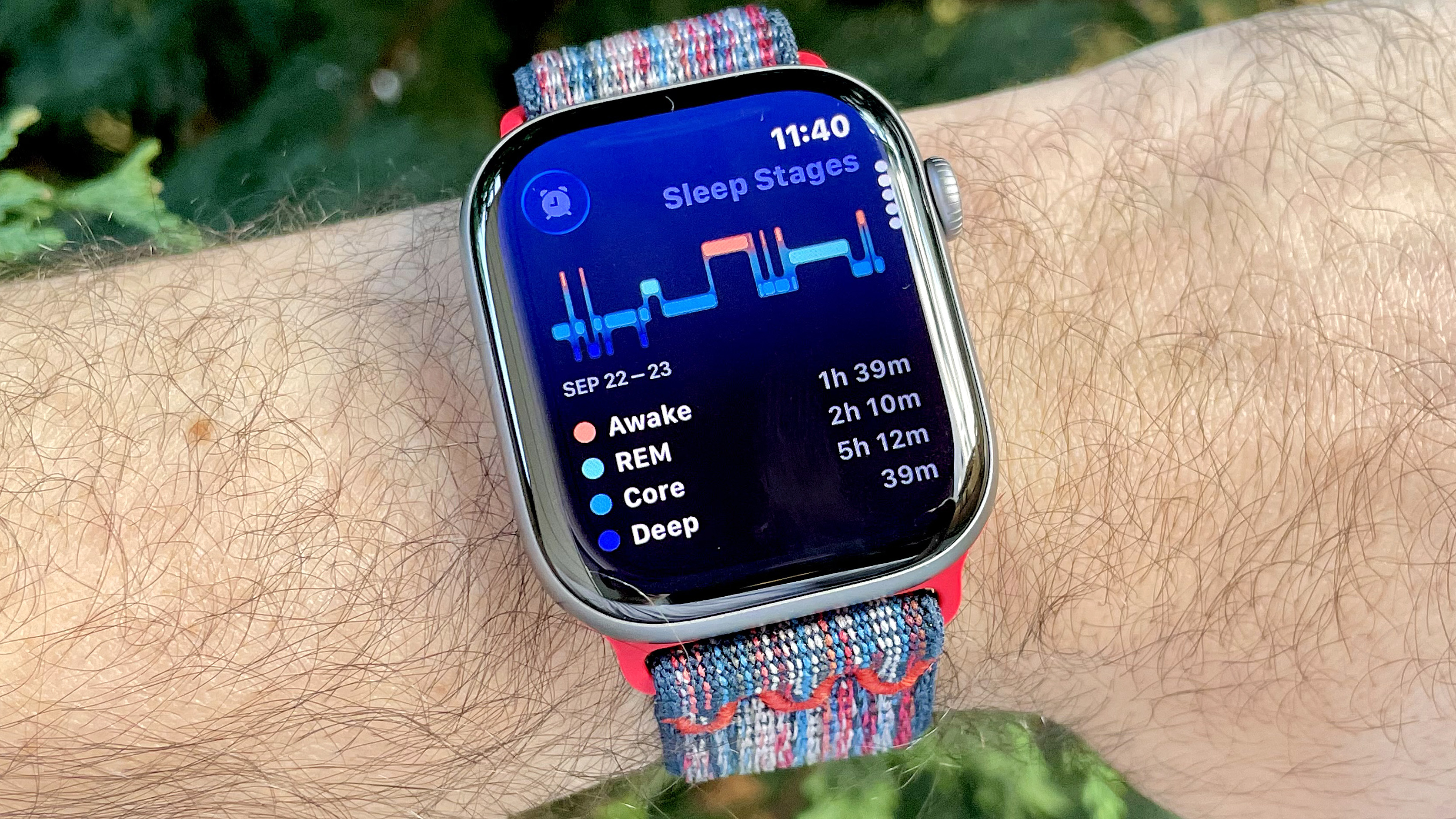Close-up of the Apple Watch Series 11 showing a user&#039;s sleep score