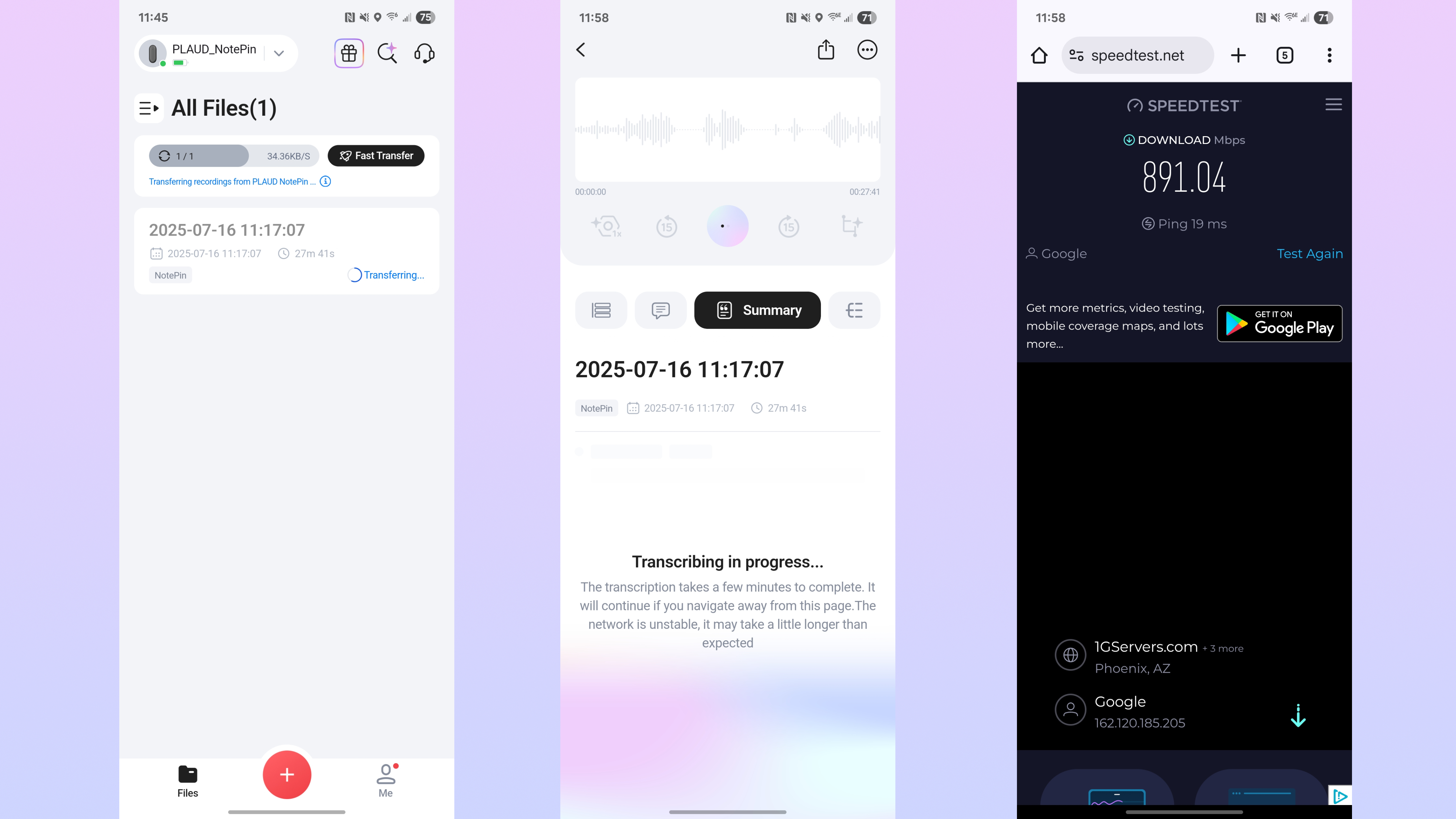 Screenshots of the Plaud app trying to transcribe my recording.