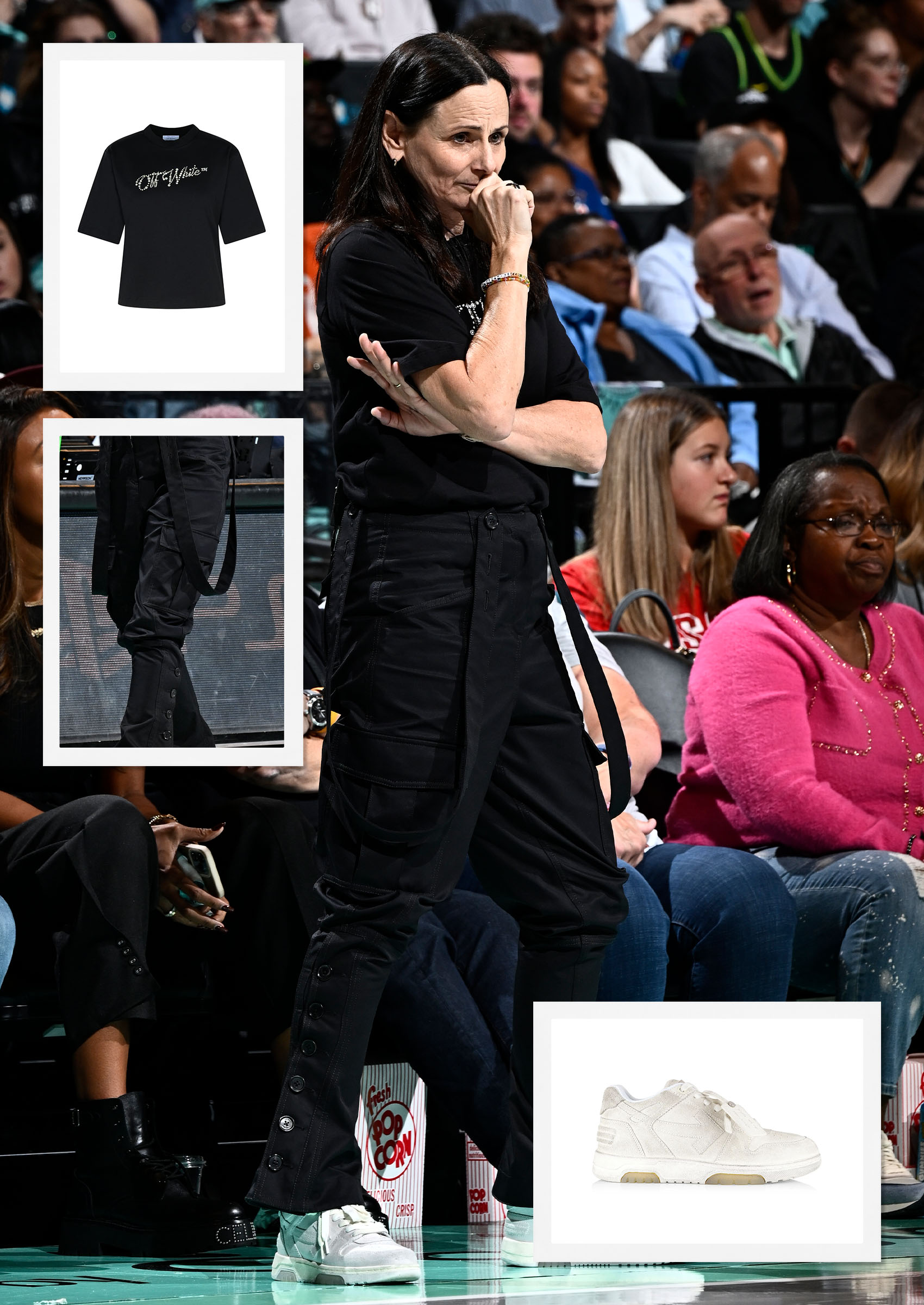 New York Liberty Headh Coach Sandy Brondello wearing black Off-White pants, a black tee, and white sneakers.