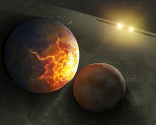This artist's concept illustrates an imminent planetary collision around a pair of double stars. NASA's Spitzer Space Telescope found evidence that such collisions could be common around a certain type of tight double, or binary, star system, referred to