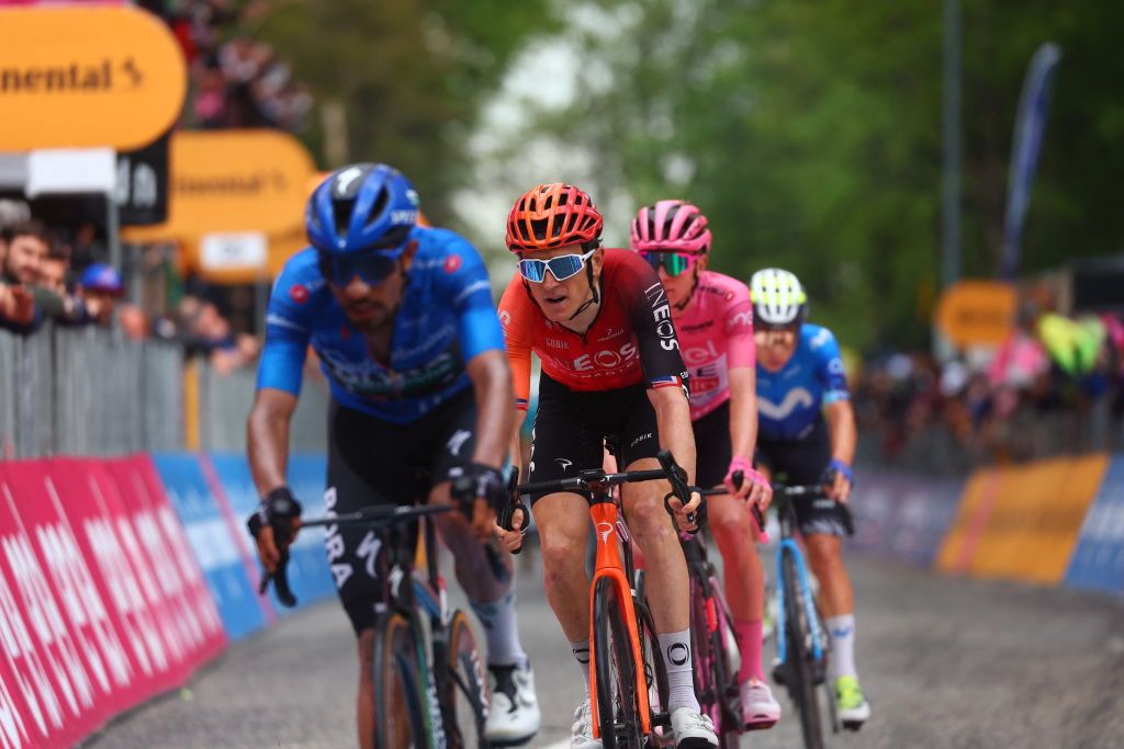 Team Bora&#039;s Colombian rider Daniel Martinez (L) Team Ineos&#039; British rider Geraint Thomas (2ndL) and Team UAE&#039;s Slovenian rider Tadej Pogacar cross the finish of the 10th stage of the 107th Giro d&#039;Italia cycling race, 142km between Pompei and Cusano Mutri (Bocca della Selva), on May 14, 2024. (Photo by Luca Bettini / AFP)