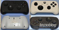 Collage showing black and white compact Xbox cloud gaming controller prototypes from front and rear angles
