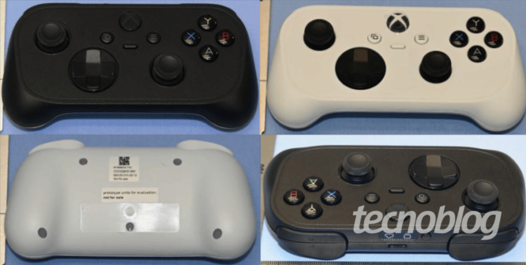 Collage showing black and white compact Xbox cloud gaming controller prototypes from front and rear angles