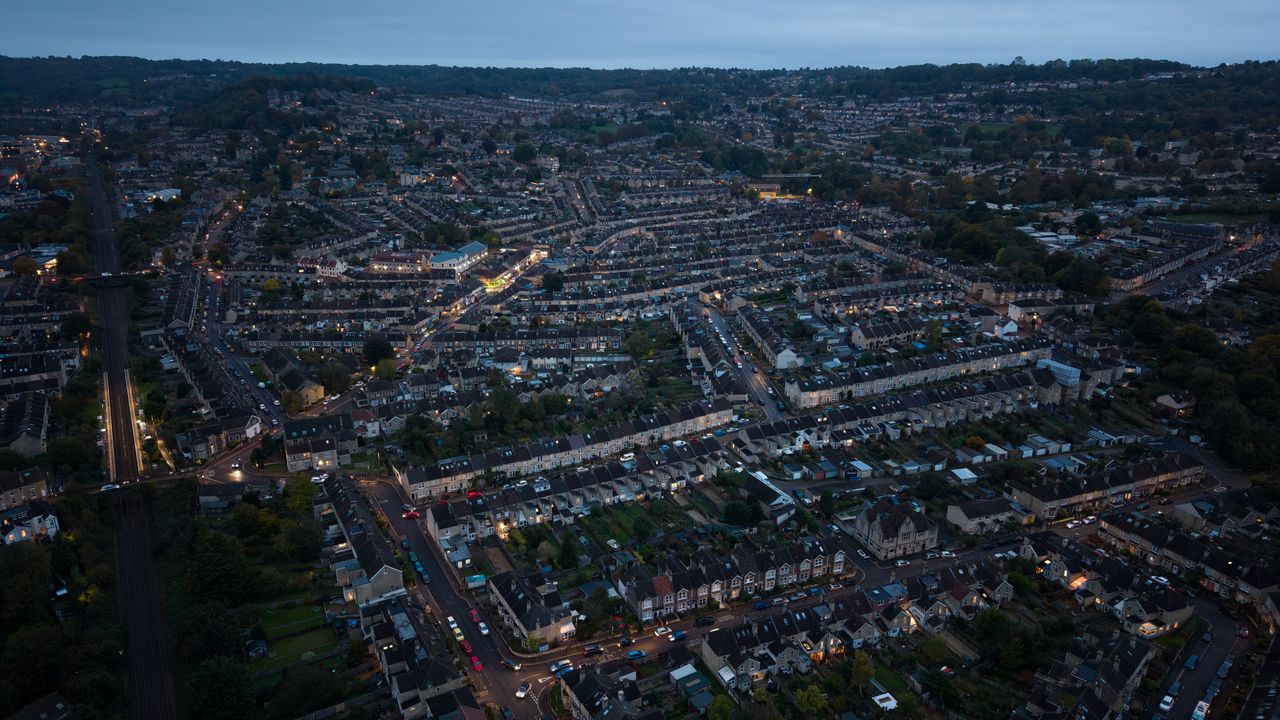 A shot of a city taken with a DJI Air 3S drone