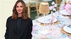 picture of trinny woodall and backdrop of tablescape with florals and wireless lamp