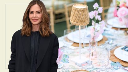 picture of trinny woodall and backdrop of tablescape with florals and wireless lamp