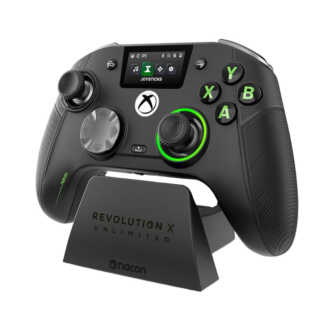 The Nacon RXU controller and charging stand on a plain background