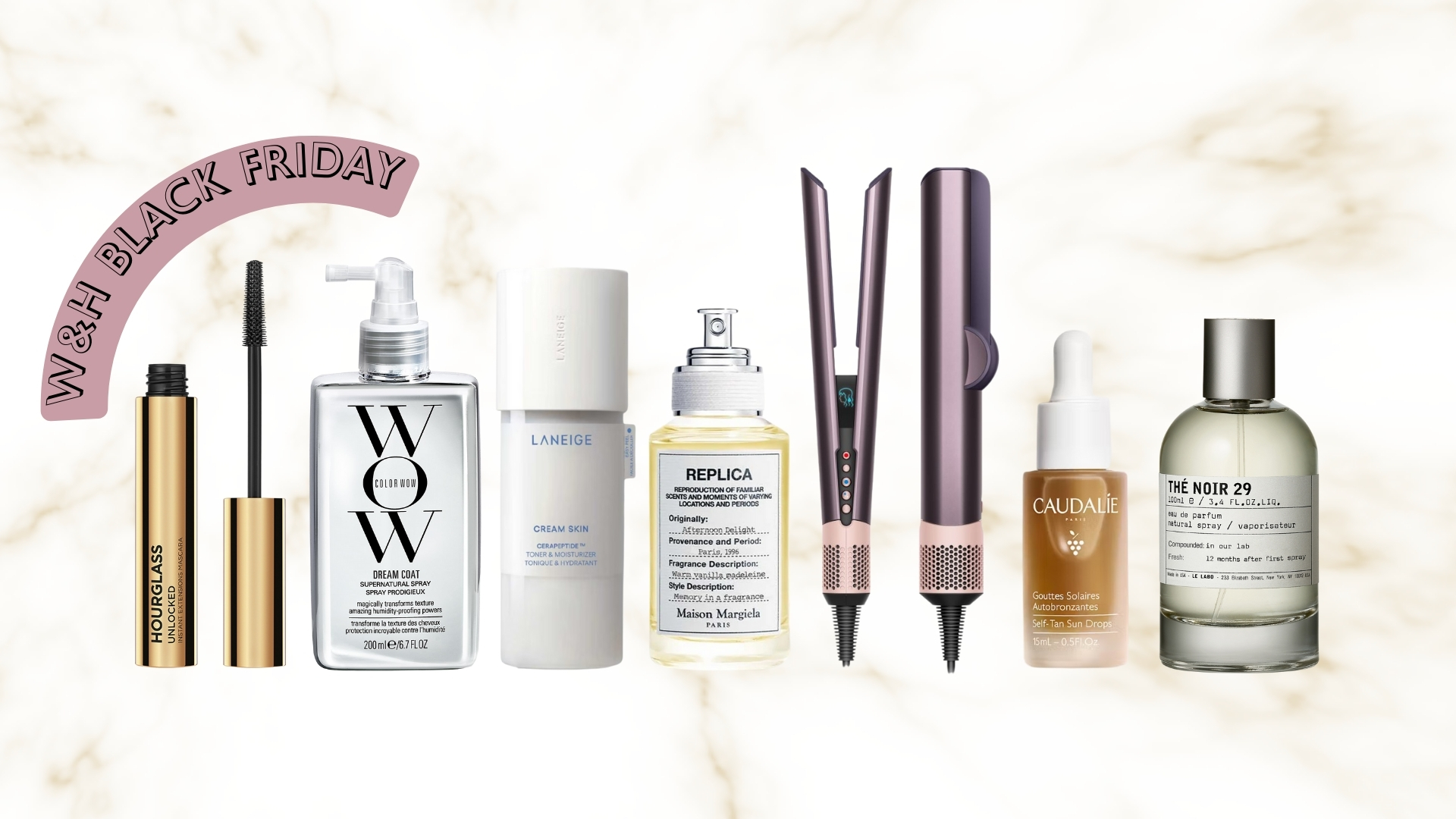 Hourglass Unlocked mascara, Color Wow Dream Coat, Laneige Cream Skin toner, Replica Afternoon Delight perfume, Dyson Airstrait, Caudalie face bronzing drops and Le Labo Thé Noir 29 perfume on a white and gold marble-patterned background
