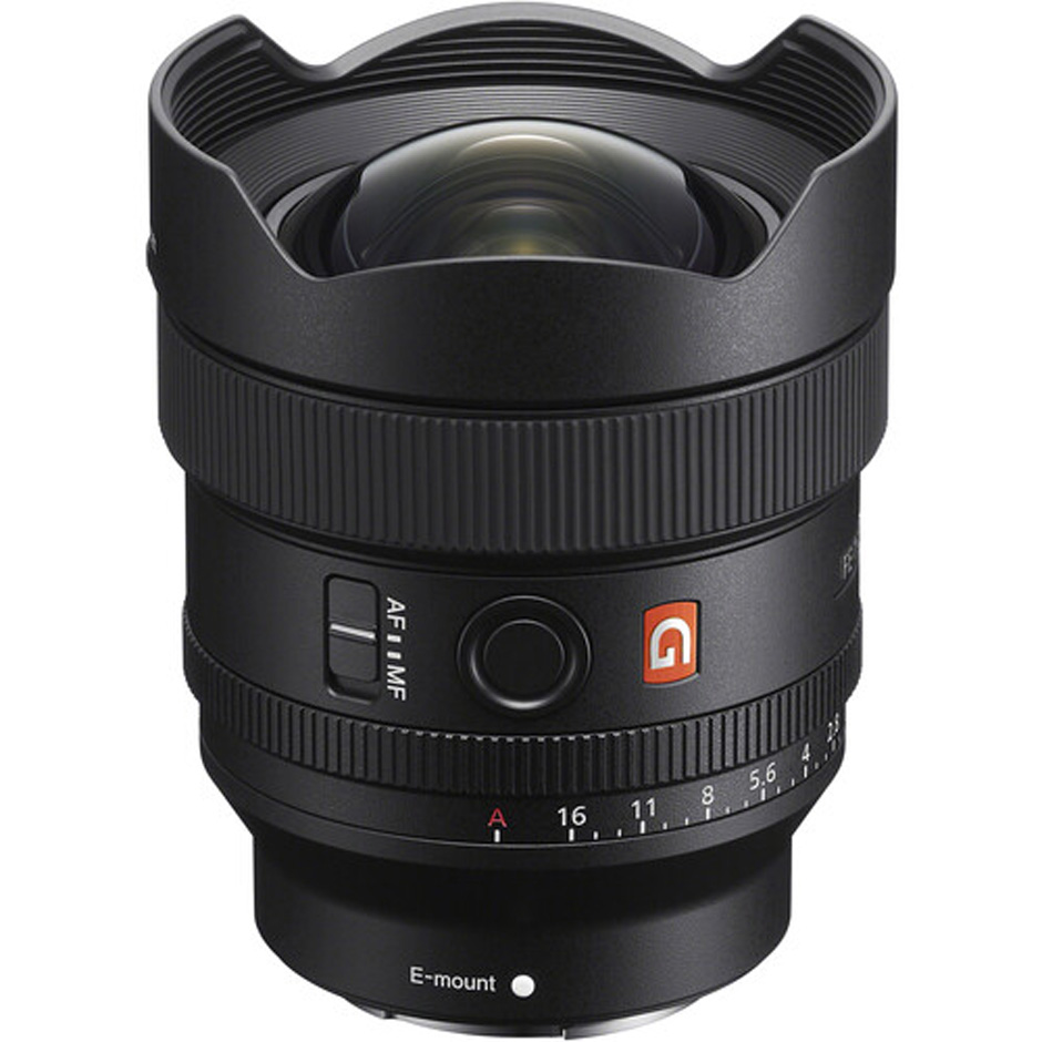 Sony FE 14mm f1.8 GM on a white background