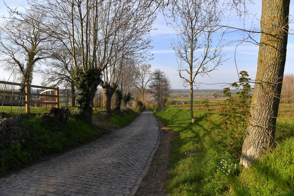OUDENAARDE BELGIUM APRIL 07 Oude Kwaremont No public and fans this year at Tour of Flanders Famous Cobblestone Hills Cobblestones Landscape on April 07 2020 in Oudenaarde OostVlaanderen Photo by Tim de WaeleGetty Images