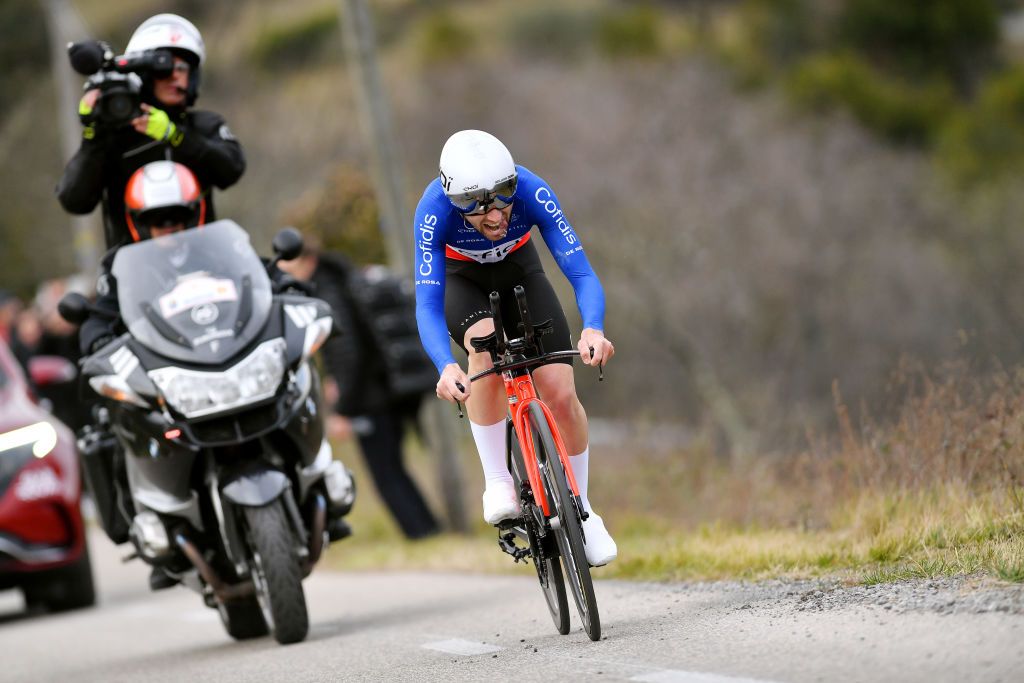 ALES FRANCE FEBRUARY 06 Benjamin Thomas of France and Team Cofidis sprints during the 52nd toile De Bessges Tour Du Gard 2022 Stage 5 a 11km individual time trial from Als to Als lErmitage ITT EDB2022 on February 06 2022 in Als France Photo by Luc ClaessenGetty Images