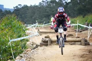 Runner-up Aaron Gwin in action during the downhill finals