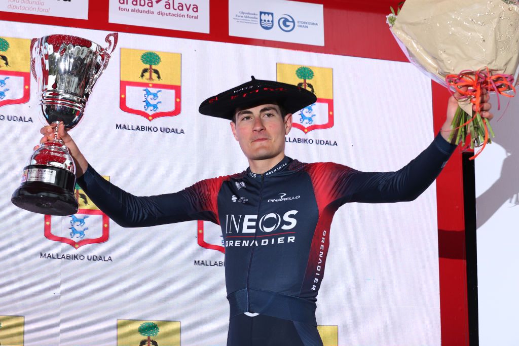 MALLABIA SPAIN APRIL 08 Carlos Rodriguez Cano of Spain and Team INEOS Grenadiers celebrates at podium as stage winner during the 61st Itzulia Basque Country 2022 Stage 5 a 1638km stage from Zamudio to Mallabia 305m itzulia WorldTour on April 08 2022 in Mallabia Spain Photo by Gonzalo Arroyo MorenoGetty Images