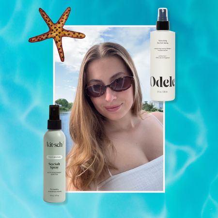 a girl with tousled brown wavy hair in front of a body of water and framed on top of water texture with two sea salt sprays, the left a green spray container and the right a white spray container