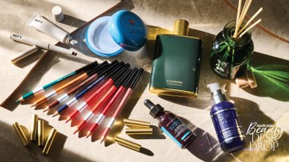 Beauty Desk Drop products October 2024 including Hermes eye pencils, Tatcha cleansing balm, Victoria Beckham Beauty perfume, Refy lip liner