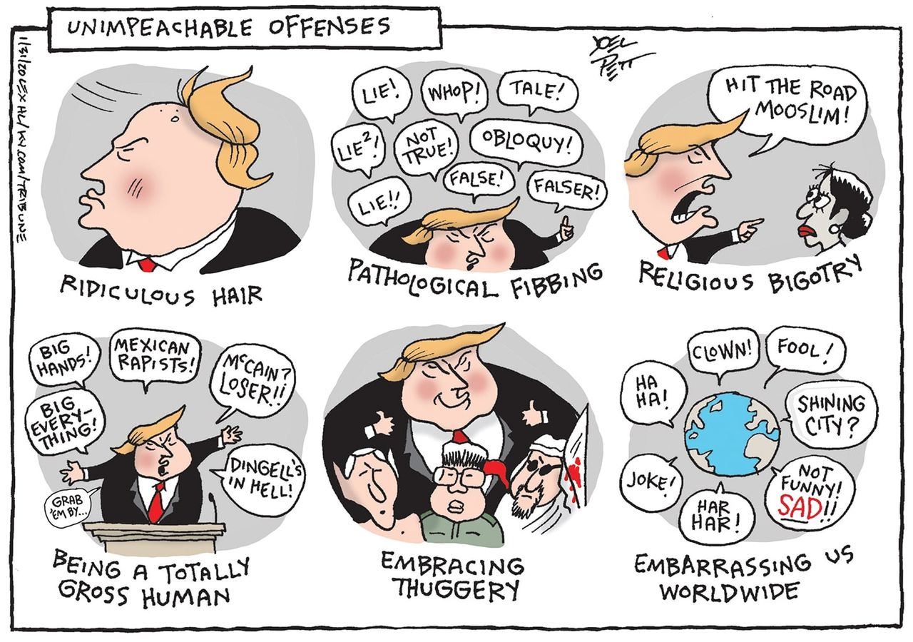 Political Cartoon U.S. Trump Benjamin Netanyahu Kim Jong-un impeachment trial bigotry lying hair