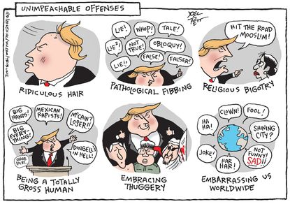 Political Cartoon U.S. Trump Benjamin Netanyahu Kim Jong-un impeachment trial bigotry lying hair