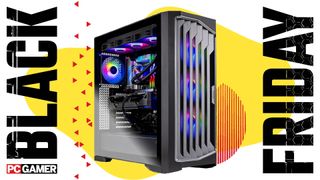 A Skytech Legacy gaming PC on a custom Black Friday background