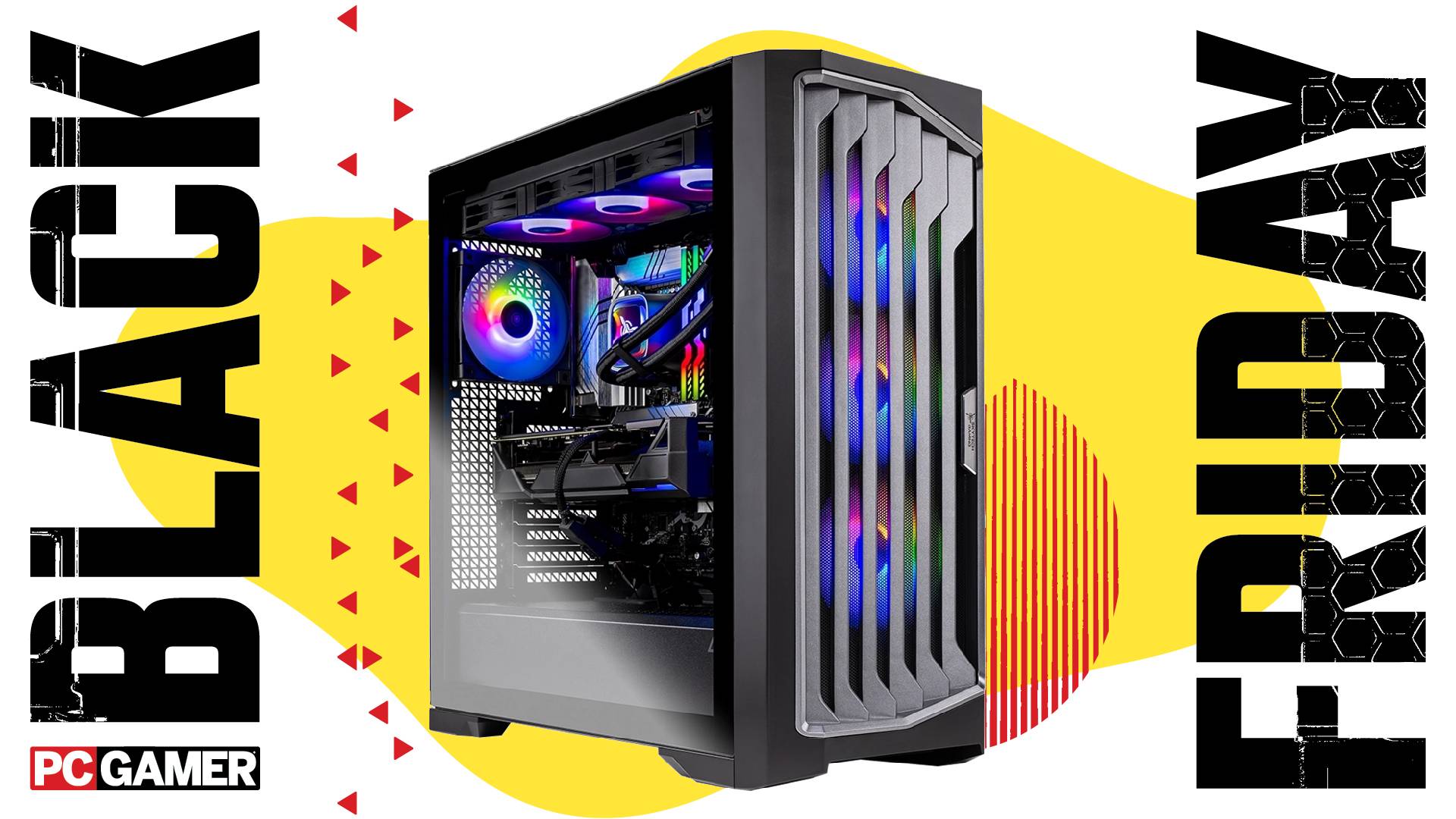 A Skytech Legacy gaming PC on a custom Black Friday background