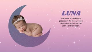 Baby on a moon alongside the popular baby name Luna