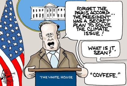 Political cartoon U.S. Trump tweets covfefe Sean Spicer Paris climate change