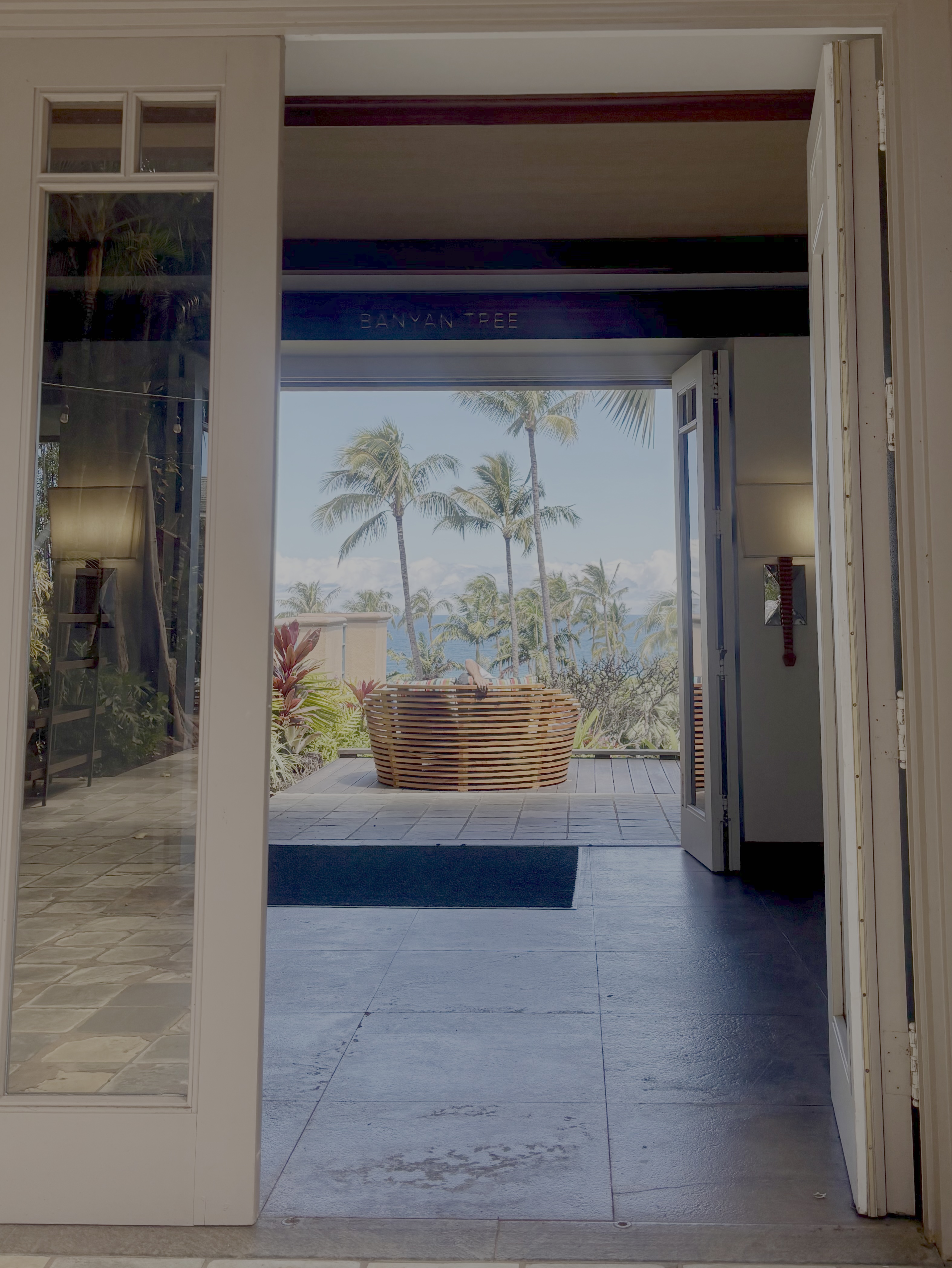 View through an open doorway in Kapalua toward palm trees and the ocean.