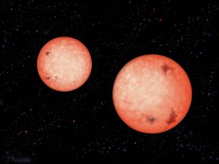 Artist's impression of two red dwarf stars in a close-in binary system.