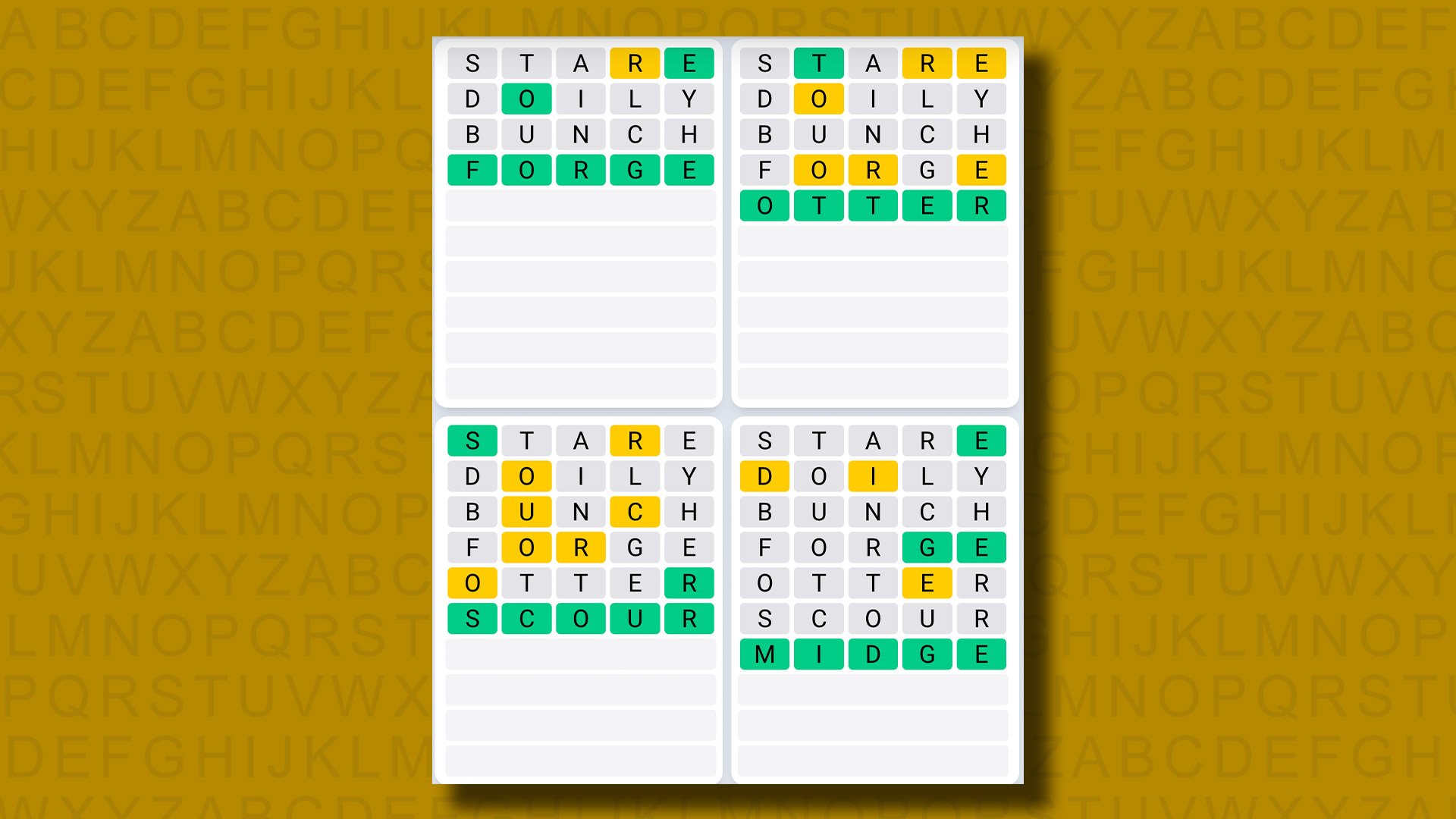 Quordle Daily Sequence answers for game 1014 on a yellow background