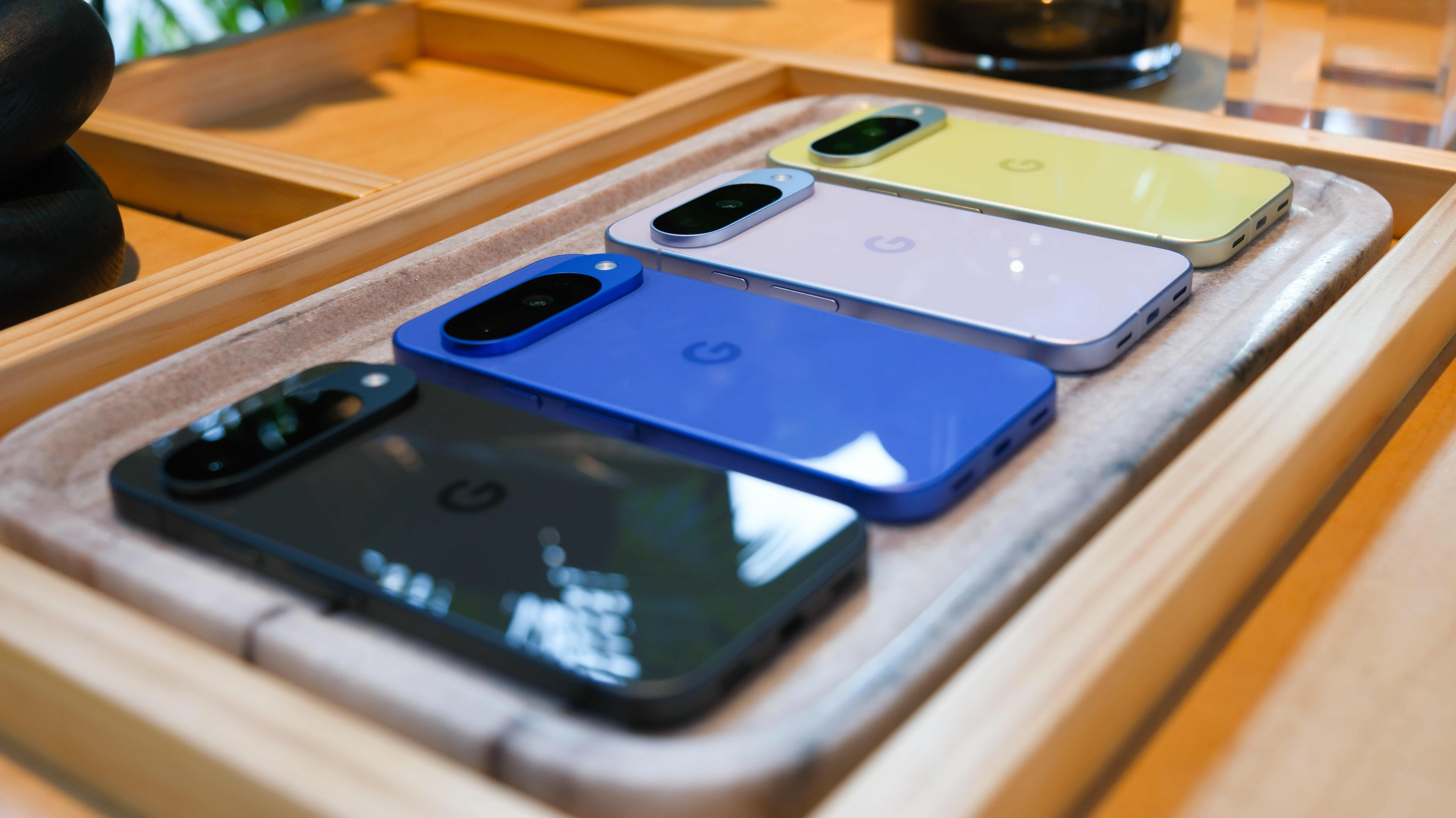 The entire Pixel 10 lineup in every color on a marble slab